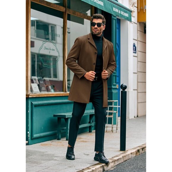 Mens Brown Mid Long Fit Winter Pea Coat Single Breasted Business Trench Coat - Picture 4 of 5